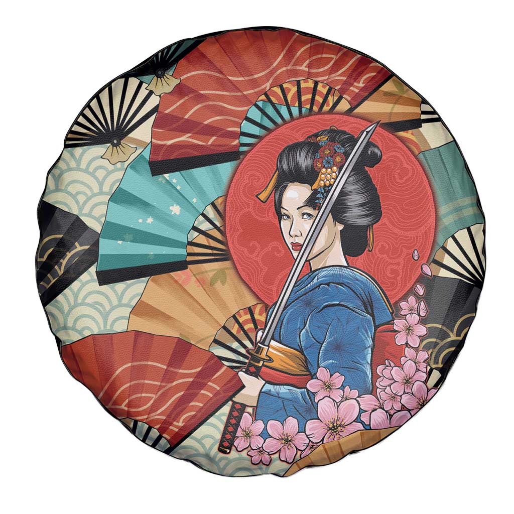 Japanese Geisha Katana Spare Tire Cover Japan Sensu Seigaiha Pattern - Wonder Print Shop