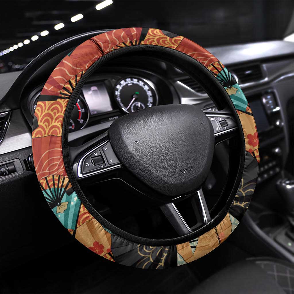 Japanese Geisha Katana Steering Wheel Cover Japan Sensu Seigaiha Pattern - Wonder Print Shop