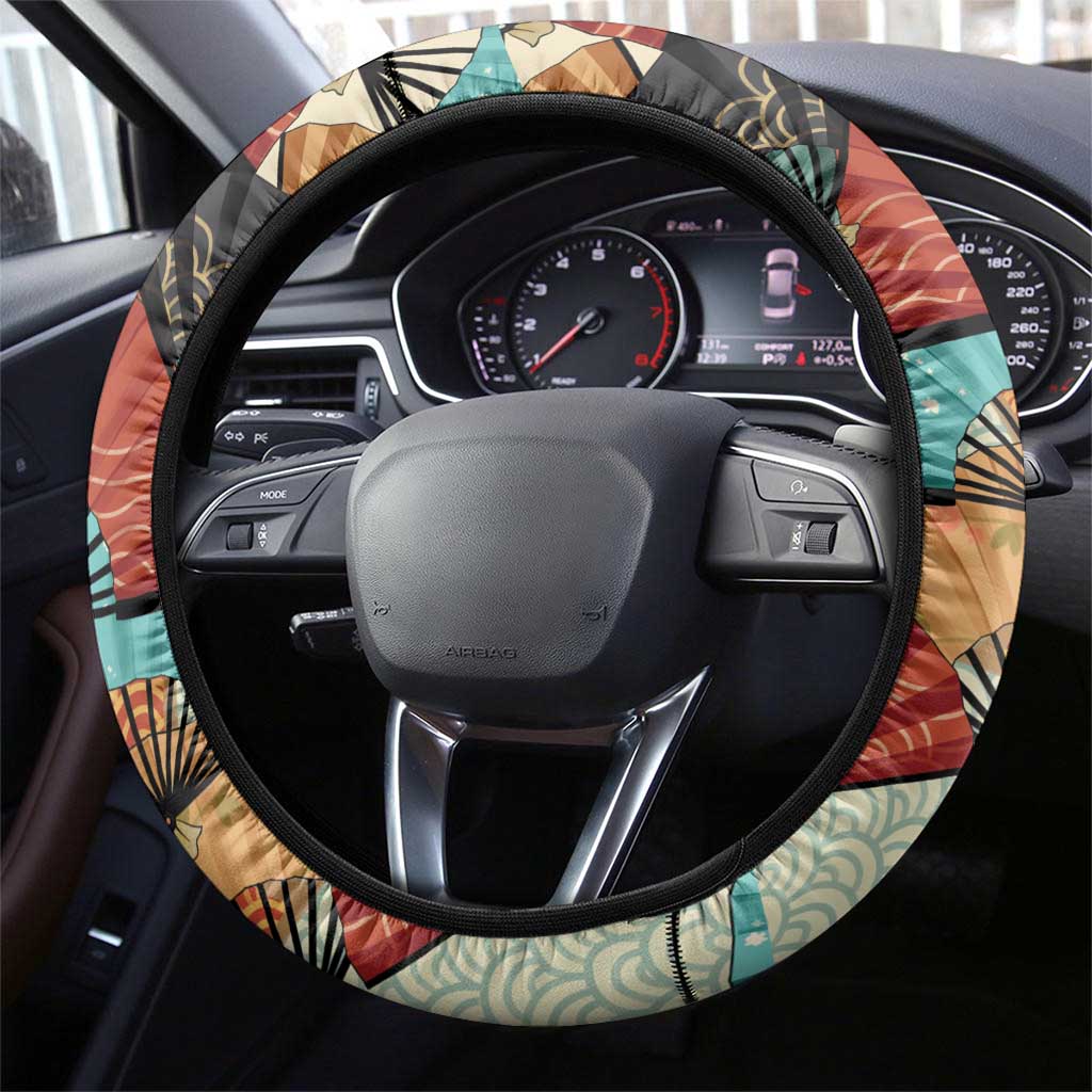 Japanese Geisha Katana Steering Wheel Cover Japan Sensu Seigaiha Pattern - Wonder Print Shop