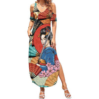 Japanese Geisha Katana Summer Maxi Dress Japan Sensu Seigaiha Pattern - Wonder Print Shop