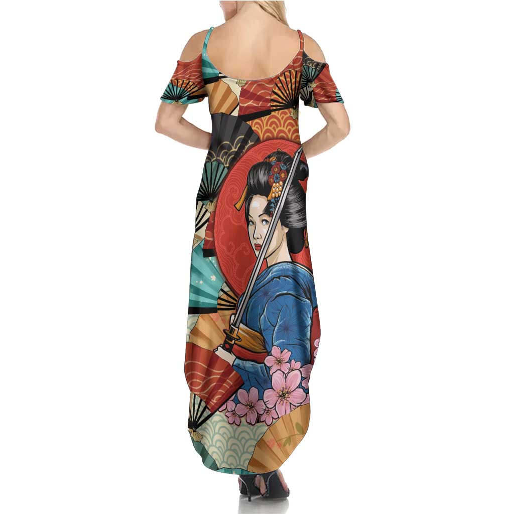 Japanese Geisha Katana Summer Maxi Dress Japan Sensu Seigaiha Pattern - Wonder Print Shop