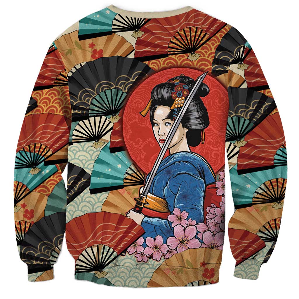 Japanese Geisha Katana Sweatshirt Japan Sensu Seigaiha Pattern - Wonder Print Shop