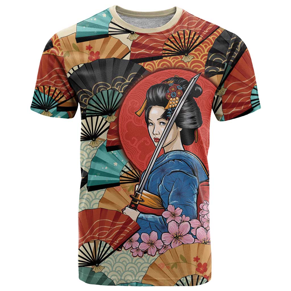 Japanese Geisha Katana T Shirt Japan Sensu Seigaiha Pattern - Wonder Print Shop