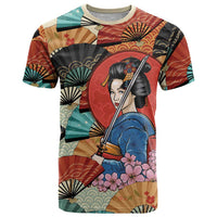 Japanese Geisha Katana T Shirt Japan Sensu Seigaiha Pattern - Wonder Print Shop