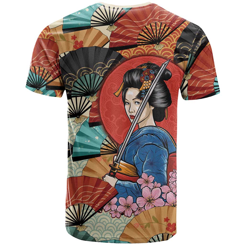 Japanese Geisha Katana T Shirt Japan Sensu Seigaiha Pattern - Wonder Print Shop