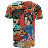 Japanese Geisha Katana T Shirt Japan Sensu Seigaiha Pattern - Wonder Print Shop