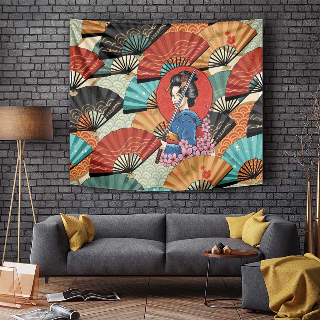 Japanese Geisha Katana Tapestry Japan Sensu Seigaiha Pattern - Wonder Print Shop