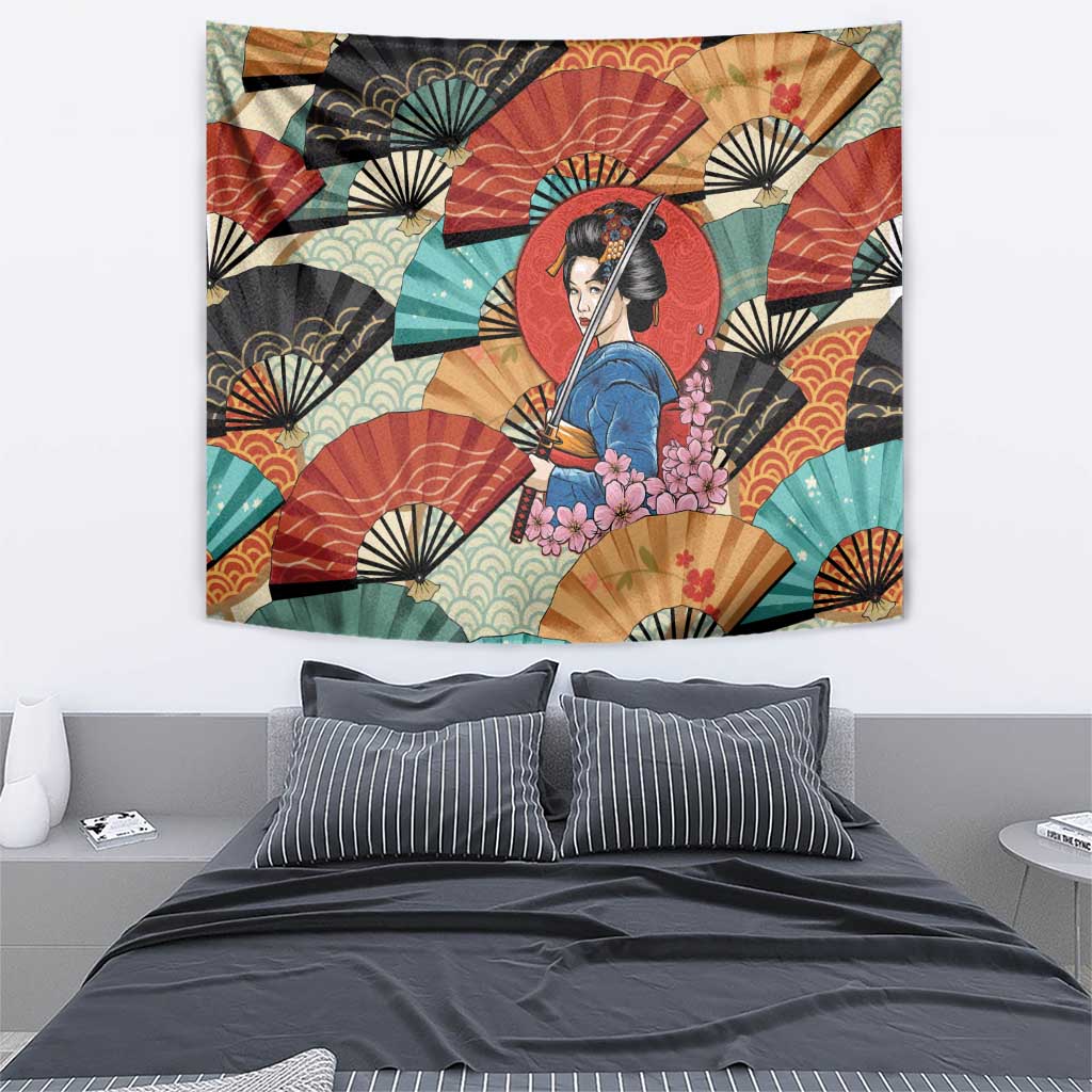Japanese Geisha Katana Tapestry Japan Sensu Seigaiha Pattern - Wonder Print Shop