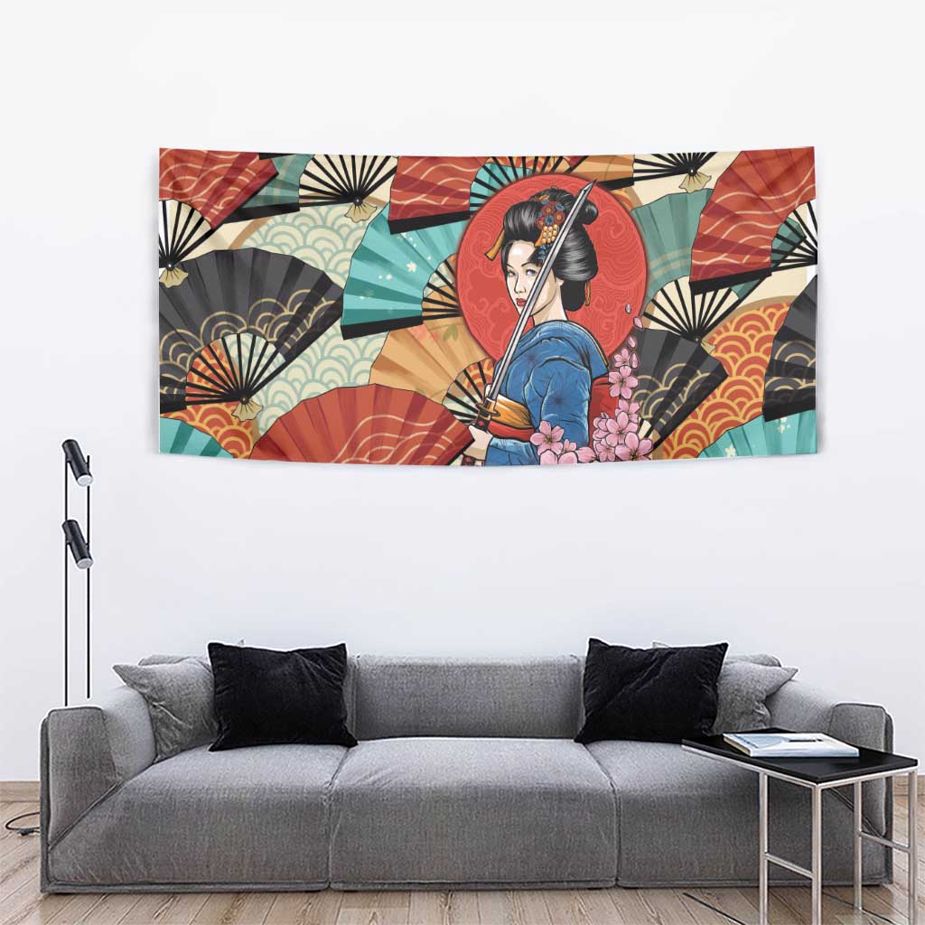 Japanese Geisha Katana Tapestry Japan Sensu Seigaiha Pattern - Wonder Print Shop