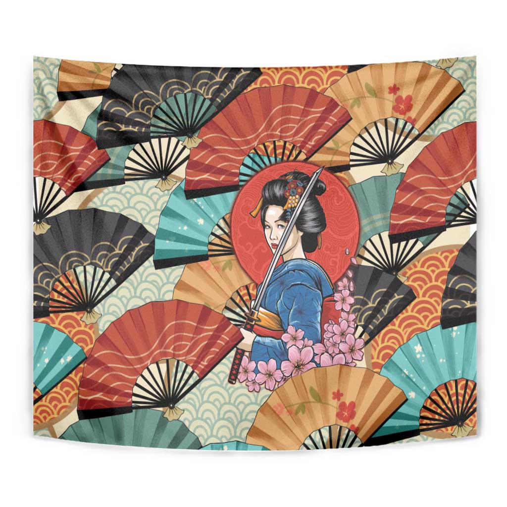 Japanese Geisha Katana Tapestry Japan Sensu Seigaiha Pattern - Wonder Print Shop