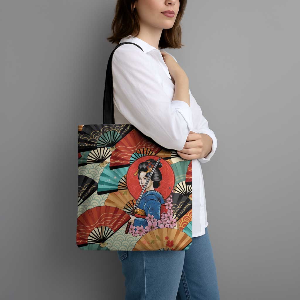 Japanese Geisha Katana Tote Bag Japan Sensu Seigaiha Pattern - Wonder Print Shop