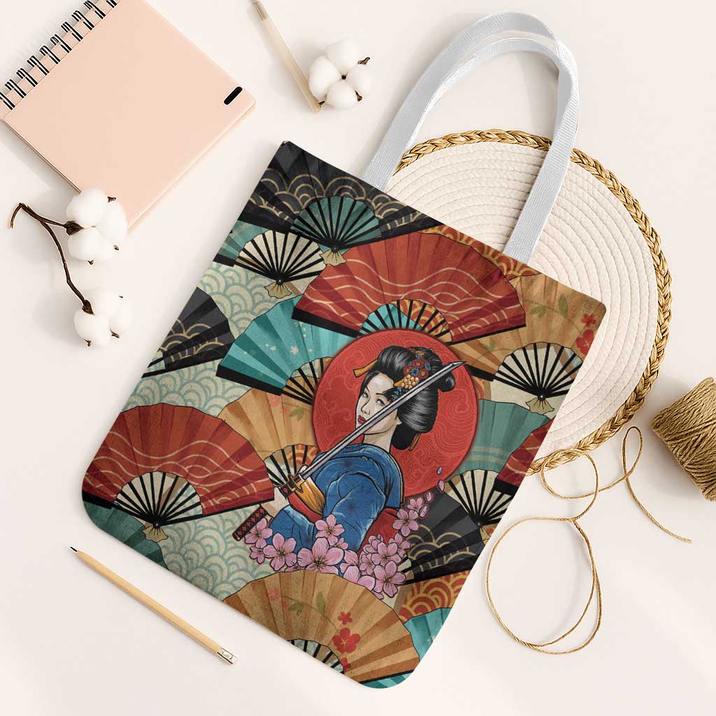 Japanese Geisha Katana Tote Bag Japan Sensu Seigaiha Pattern - Wonder Print Shop
