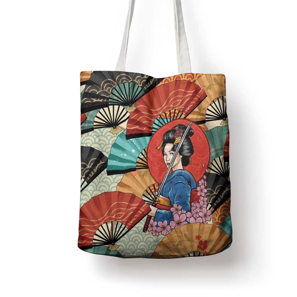 Japanese Geisha Katana Tote Bag Japan Sensu Seigaiha Pattern - Wonder Print Shop