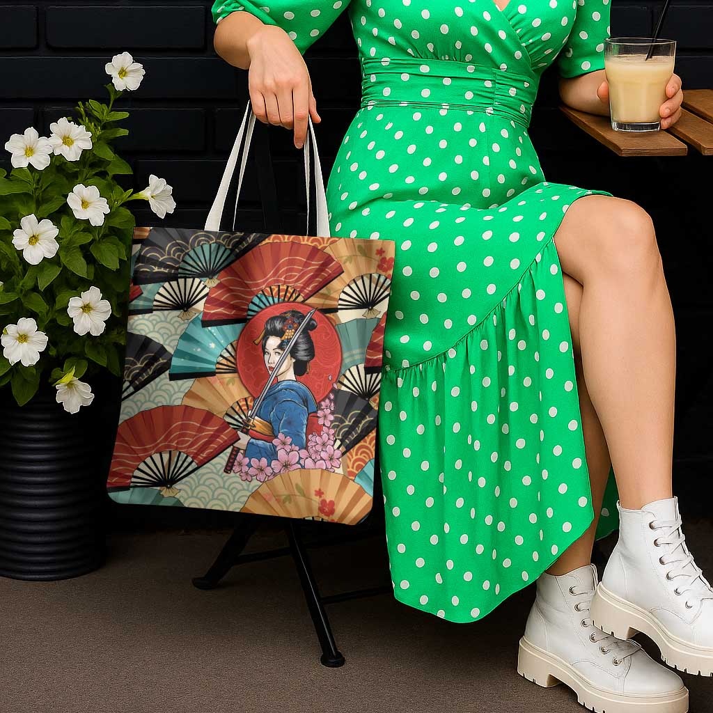 Japanese Geisha Katana Tote Bag Japan Sensu Seigaiha Pattern - Wonder Print Shop