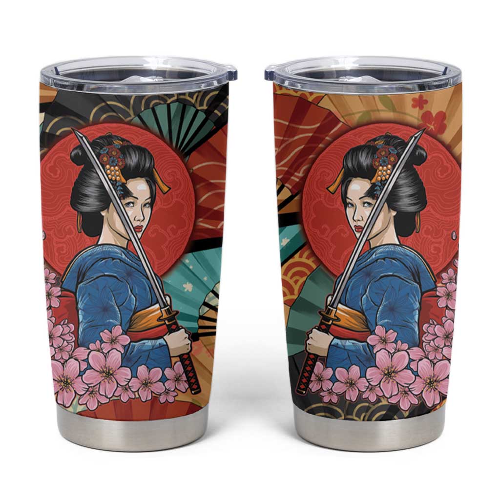 Japanese Geisha Katana Tumbler Cup Japan Sensu Seigaiha Pattern - Wonder Print Shop