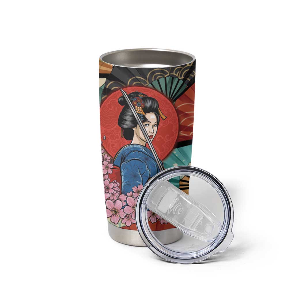 Japanese Geisha Katana Tumbler Cup Japan Sensu Seigaiha Pattern - Wonder Print Shop