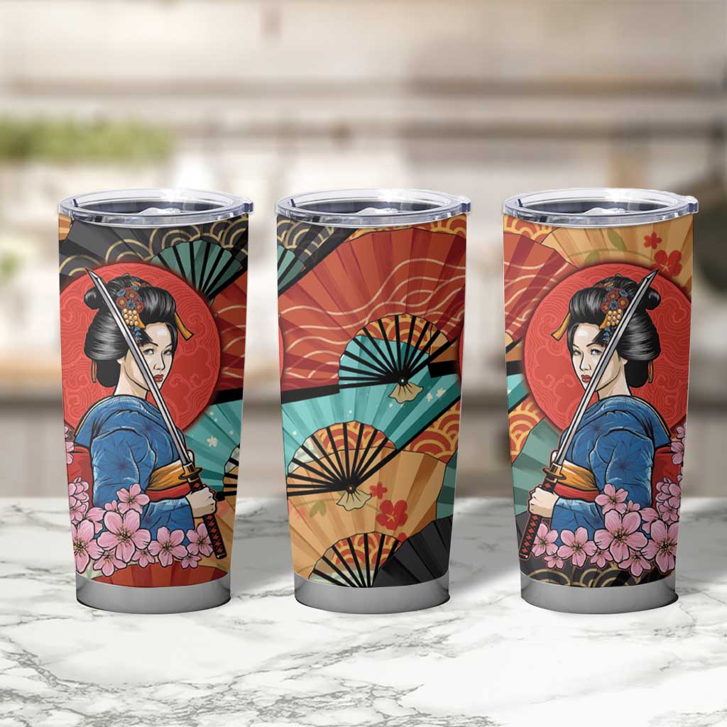 Japanese Geisha Katana Tumbler Cup Japan Sensu Seigaiha Pattern - Wonder Print Shop