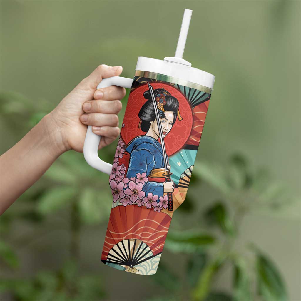 Japanese Geisha Katana Tumbler With Handle Japan Sensu Seigaiha Pattern - Wonder Print Shop