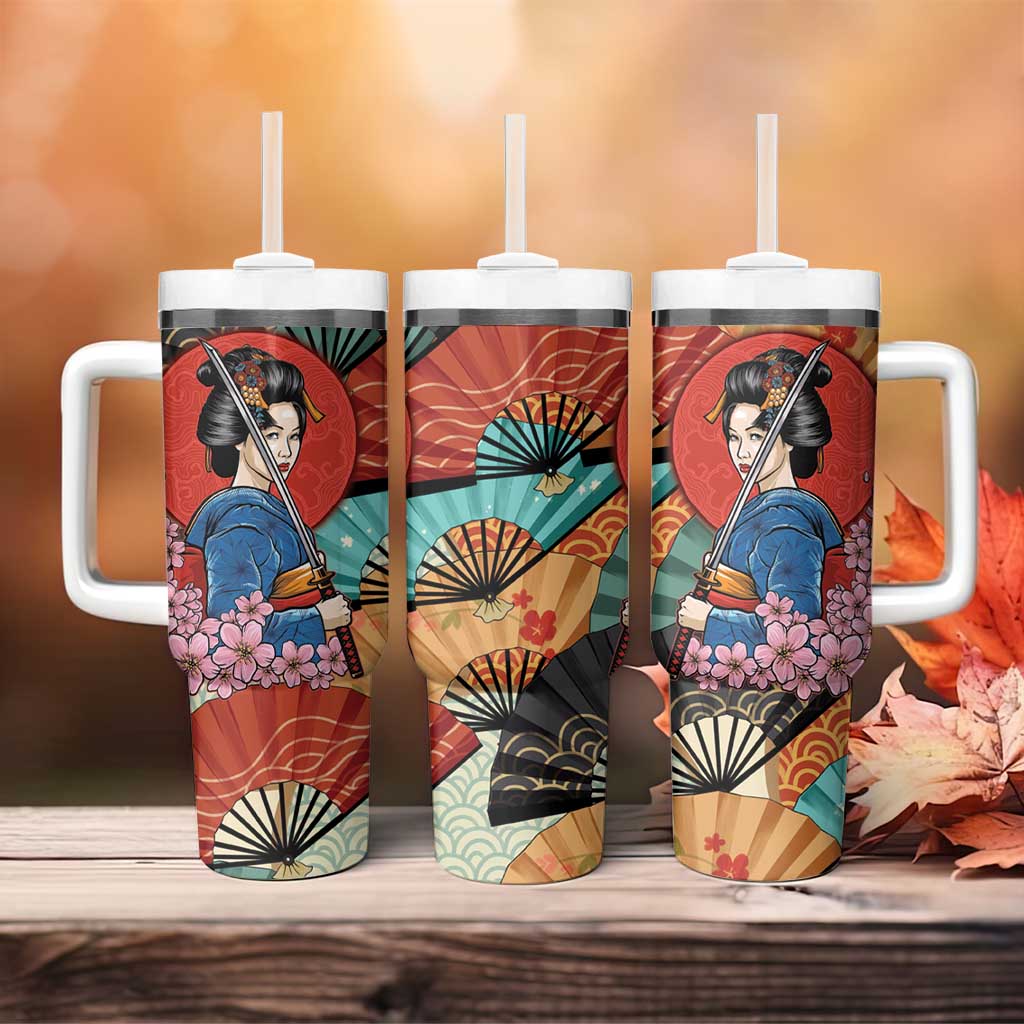 Japanese Geisha Katana Tumbler With Handle Japan Sensu Seigaiha Pattern - Wonder Print Shop