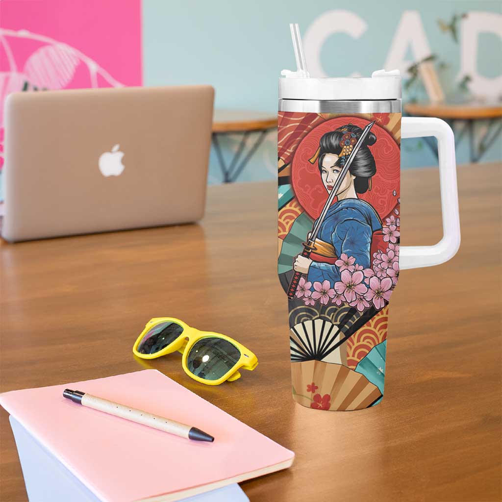 Japanese Geisha Katana Tumbler With Handle Japan Sensu Seigaiha Pattern - Wonder Print Shop