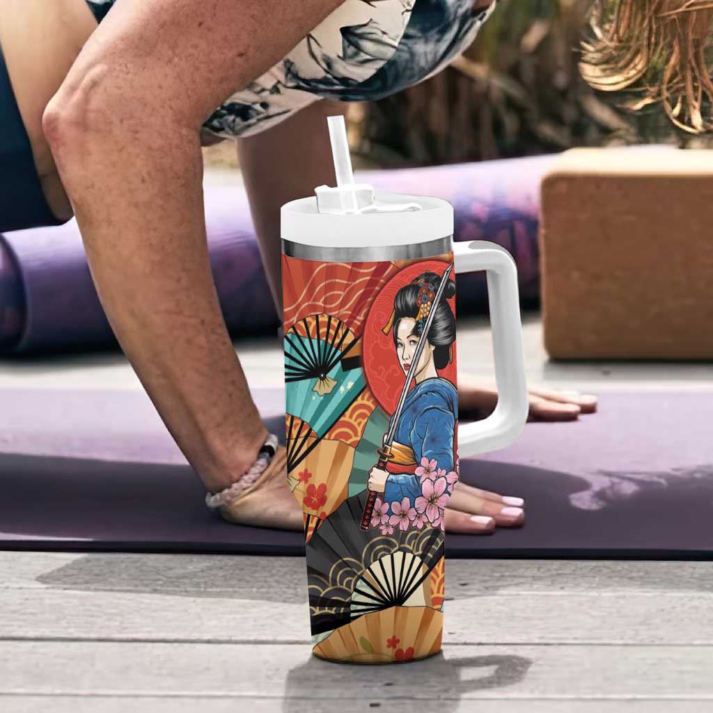 Japanese Geisha Katana Tumbler With Handle Japan Sensu Seigaiha Pattern - Wonder Print Shop