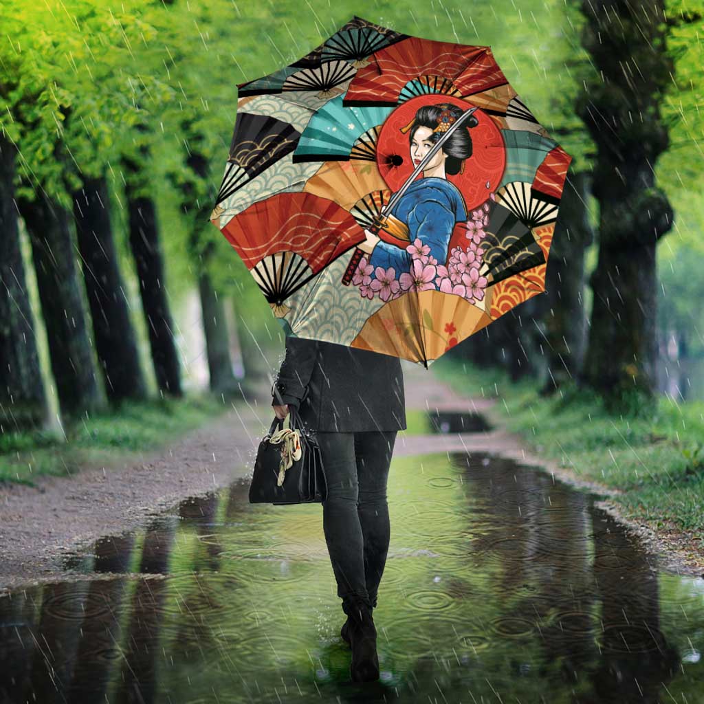 Japanese Geisha Katana Umbrella Japan Sensu Seigaiha Pattern - Wonder Print Shop