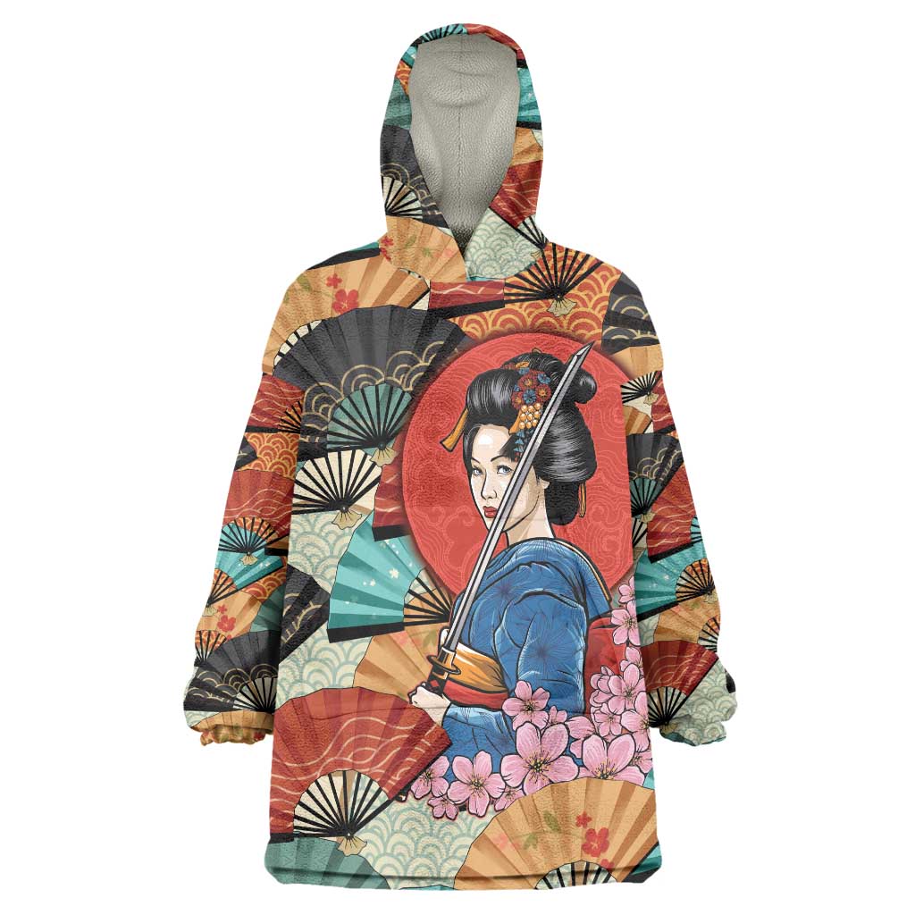 Japanese Geisha Katana Wearable Blanket Hoodie Japan Sensu Seigaiha Pattern - Wonder Print Shop