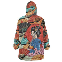 Japanese Geisha Katana Wearable Blanket Hoodie Japan Sensu Seigaiha Pattern - Wonder Print Shop