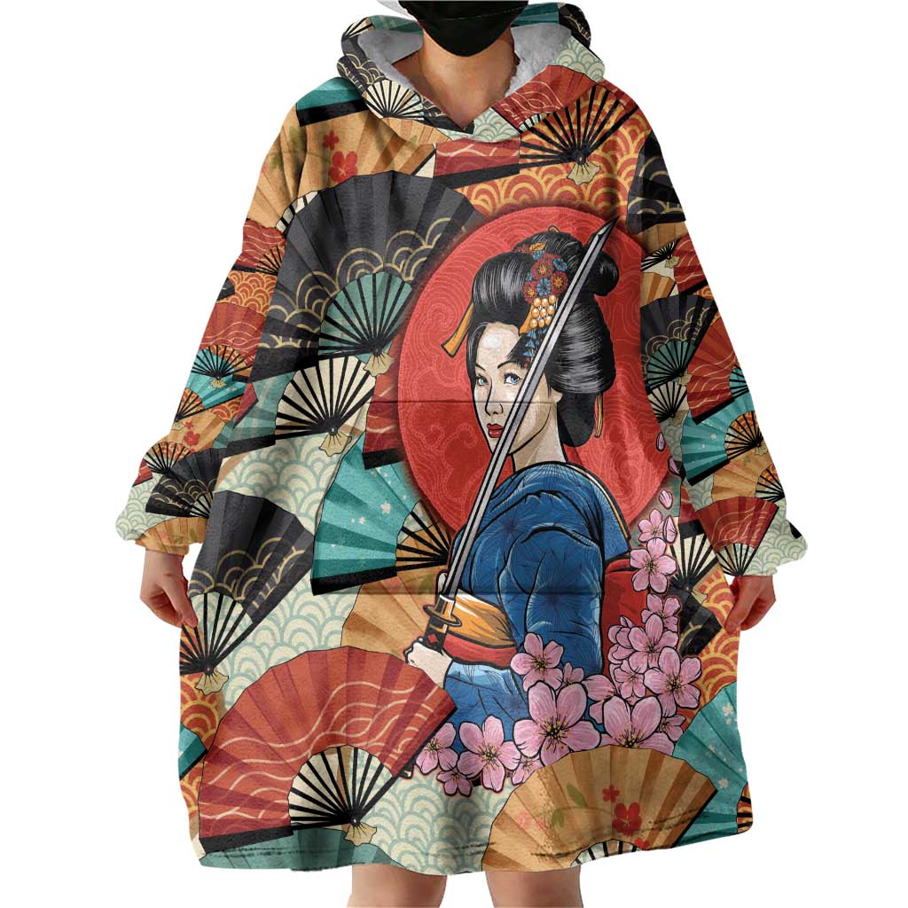 Japanese Geisha Katana Wearable Blanket Hoodie Japan Sensu Seigaiha Pattern - Wonder Print Shop