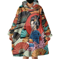 Japanese Geisha Katana Wearable Blanket Hoodie Japan Sensu Seigaiha Pattern - Wonder Print Shop