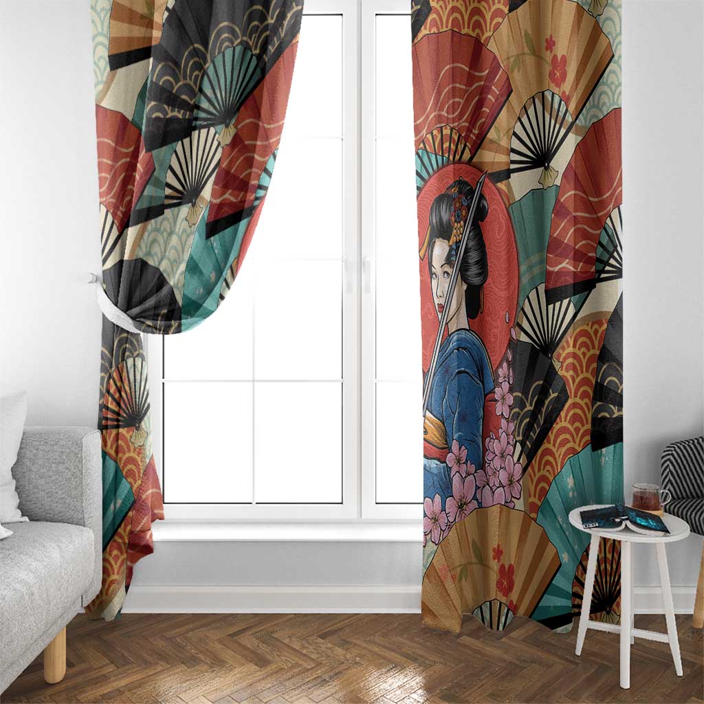 Japanese Geisha Katana Window Curtain Japan Sensu Seigaiha Pattern - Wonder Print Shop