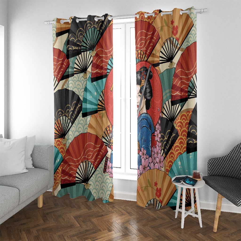 Japanese Geisha Katana Window Curtain Japan Sensu Seigaiha Pattern - Wonder Print Shop