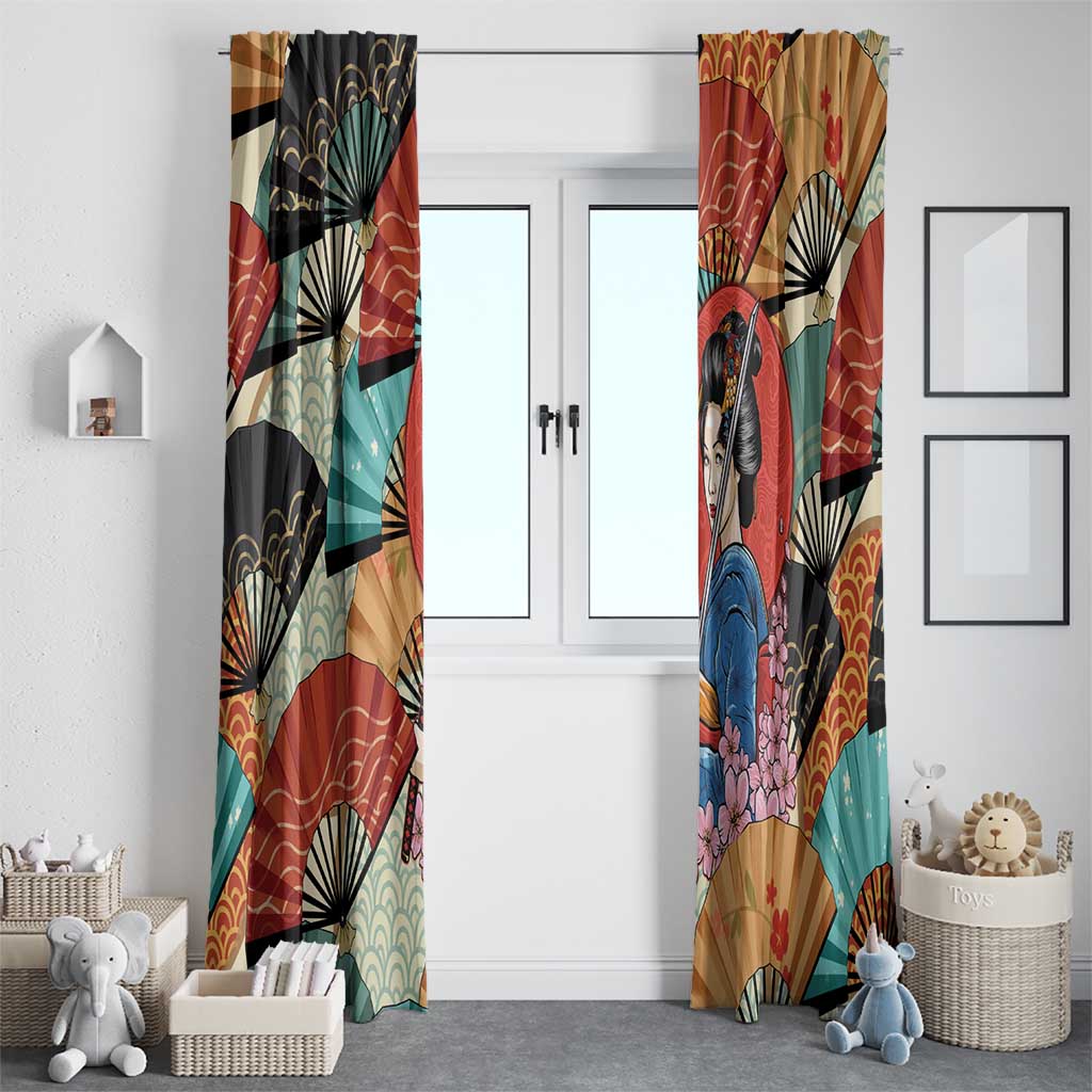 Japanese Geisha Katana Window Curtain Japan Sensu Seigaiha Pattern - Wonder Print Shop
