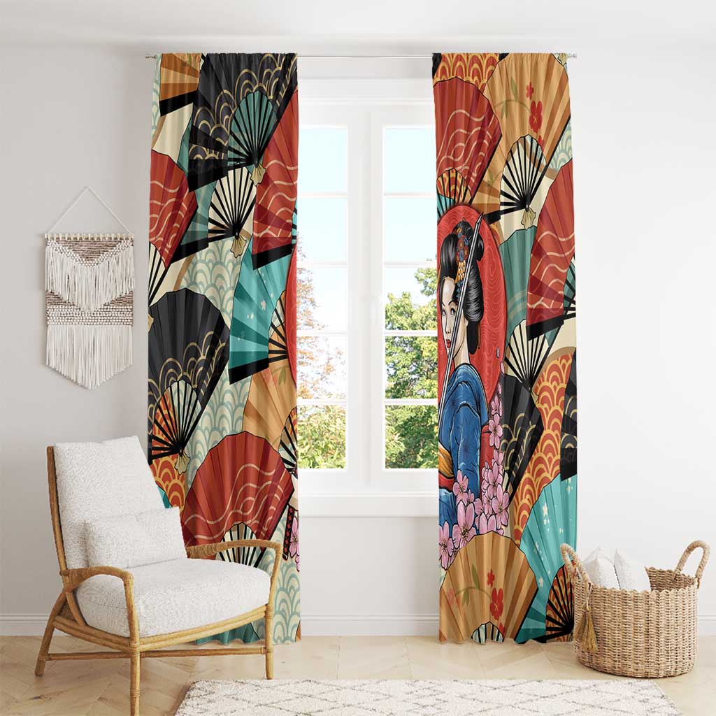 Japanese Geisha Katana Window Curtain Japan Sensu Seigaiha Pattern - Wonder Print Shop