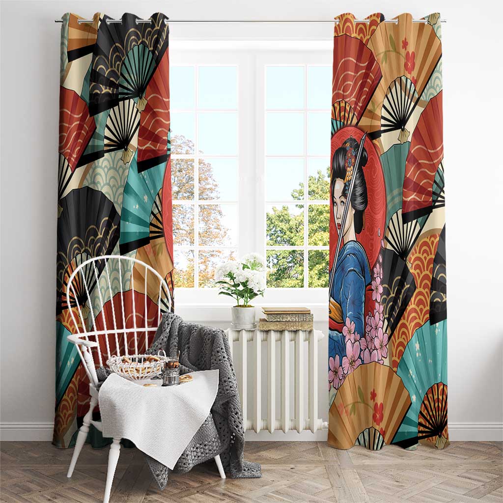 Japanese Geisha Katana Window Curtain Japan Sensu Seigaiha Pattern - Wonder Print Shop