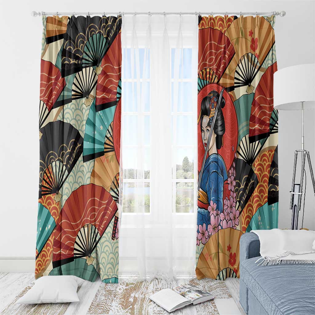 Japanese Geisha Katana Window Curtain Japan Sensu Seigaiha Pattern - Wonder Print Shop