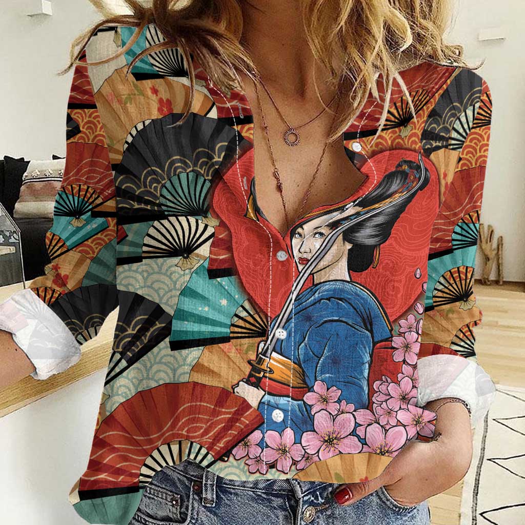 Japanese Geisha Katana Women Casual Shirt Japan Sensu Seigaiha Pattern - Wonder Print Shop