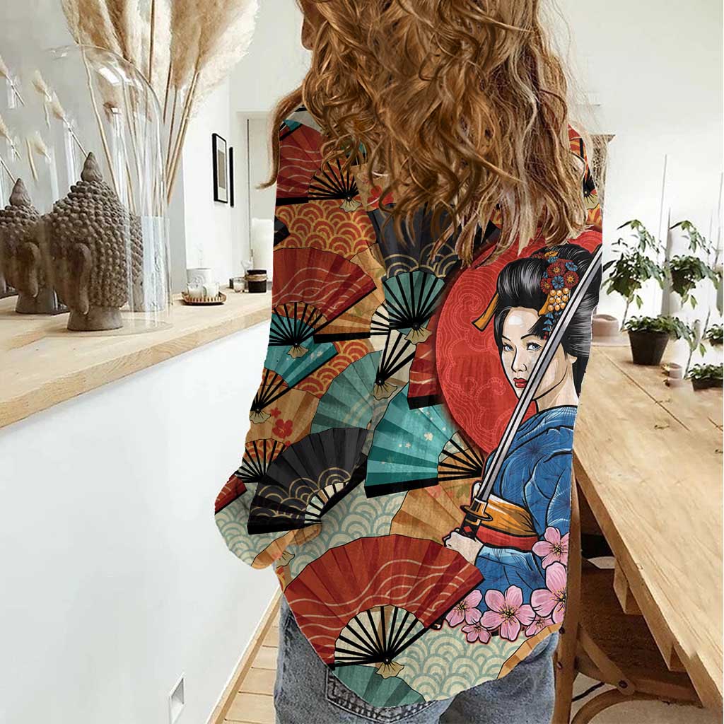 Japanese Geisha Katana Women Casual Shirt Japan Sensu Seigaiha Pattern - Wonder Print Shop
