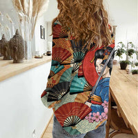 Japanese Geisha Katana Women Casual Shirt Japan Sensu Seigaiha Pattern - Wonder Print Shop