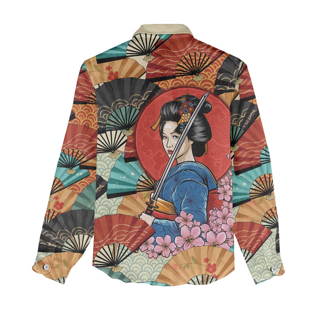 Japanese Geisha Katana Women Casual Shirt Japan Sensu Seigaiha Pattern - Wonder Print Shop