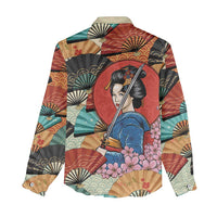 Japanese Geisha Katana Women Casual Shirt Japan Sensu Seigaiha Pattern - Wonder Print Shop