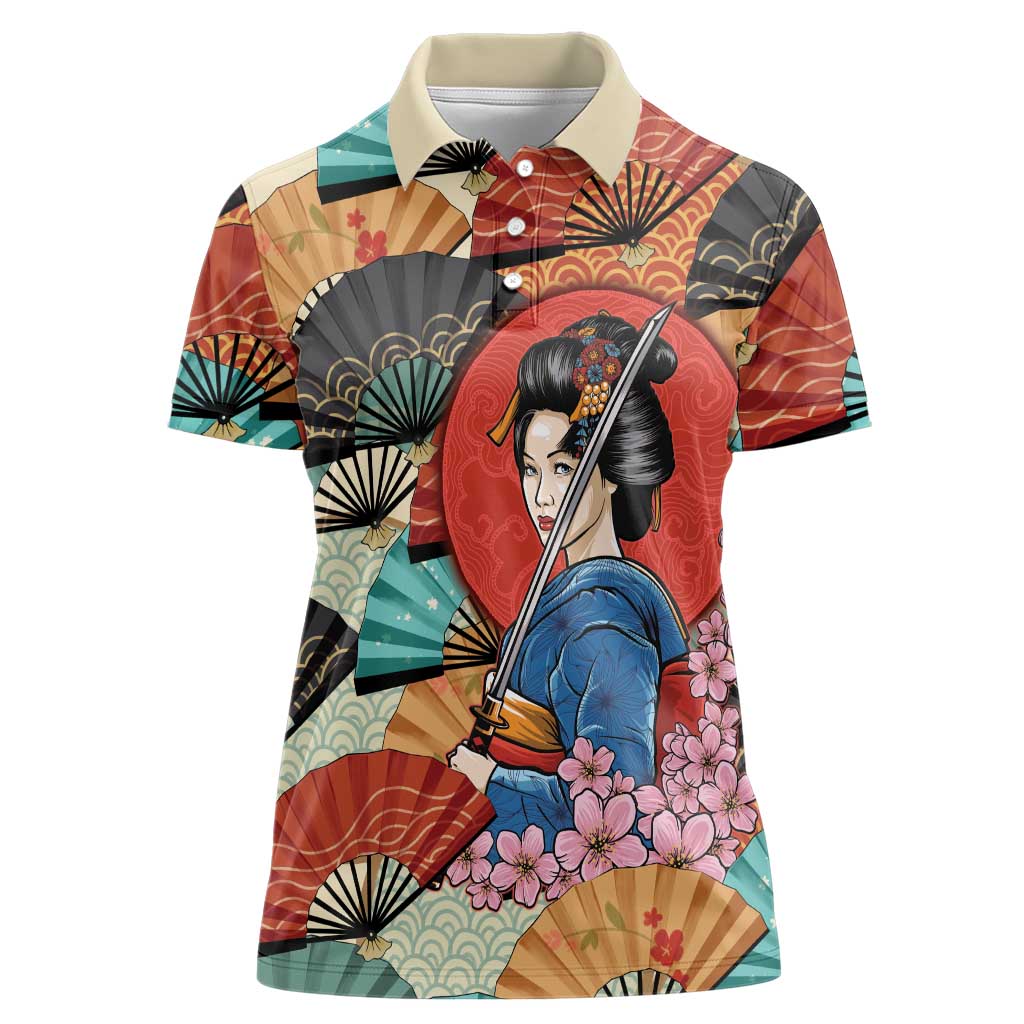 Japanese Geisha Katana Women Polo Shirt Japan Sensu Seigaiha Pattern - Wonder Print Shop