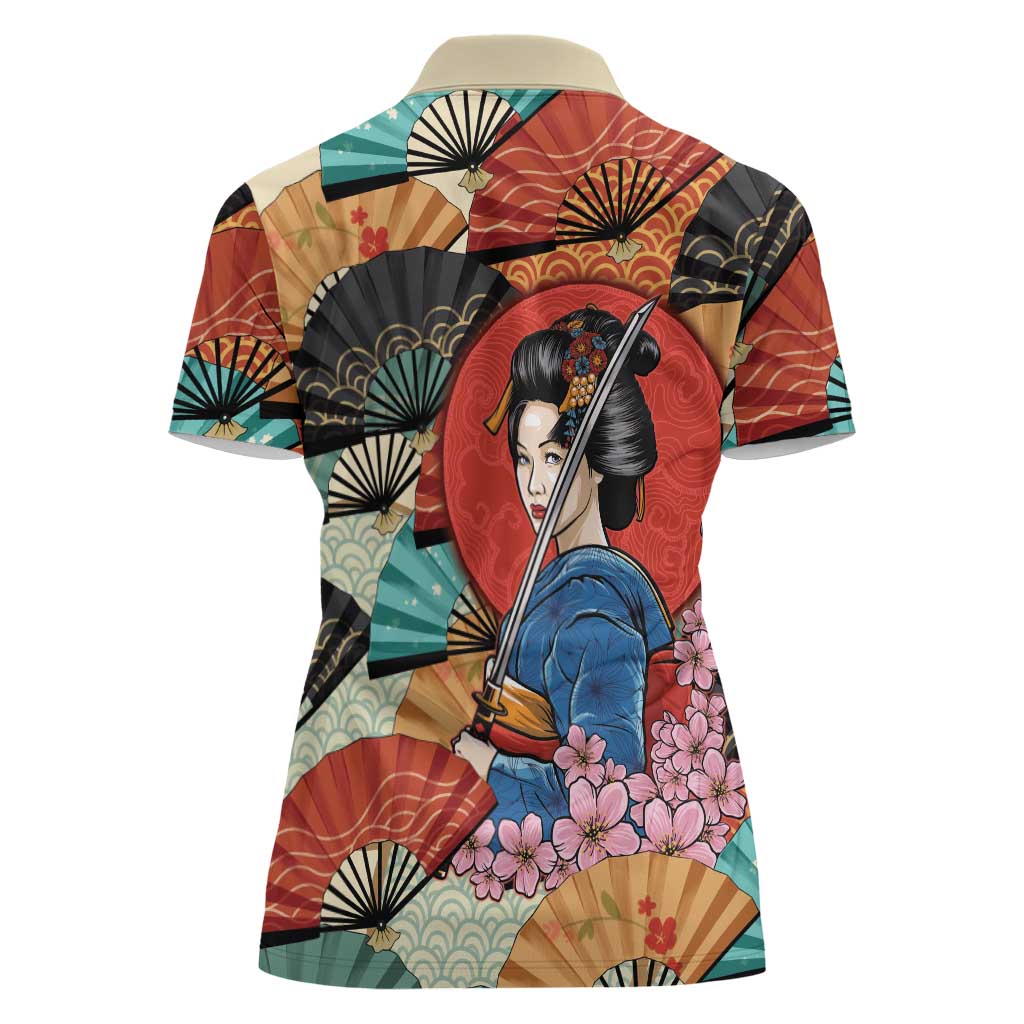 Japanese Geisha Katana Women Polo Shirt Japan Sensu Seigaiha Pattern - Wonder Print Shop
