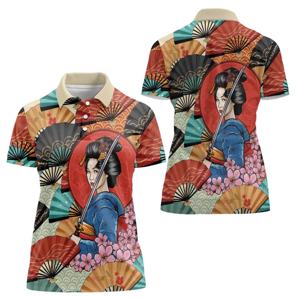 Japanese Geisha Katana Women Polo Shirt Japan Sensu Seigaiha Pattern - Wonder Print Shop