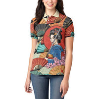 Japanese Geisha Katana Women Polo Shirt Japan Sensu Seigaiha Pattern - Wonder Print Shop