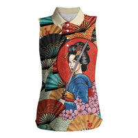 Japanese Geisha Katana Women Sleeveless Polo Shirt Japan Sensu Seigaiha Pattern - Wonder Print Shop