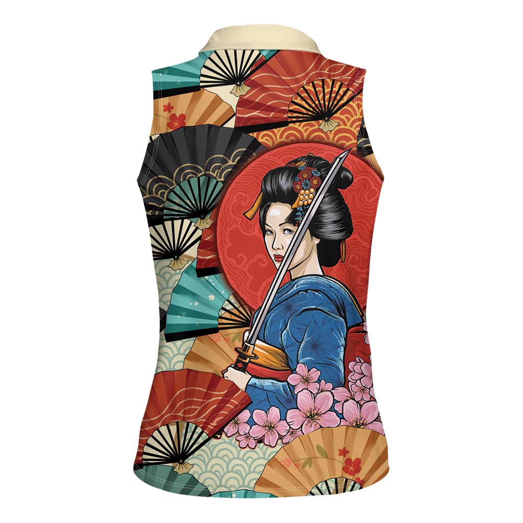 Japanese Geisha Katana Women Sleeveless Polo Shirt Japan Sensu Seigaiha Pattern - Wonder Print Shop