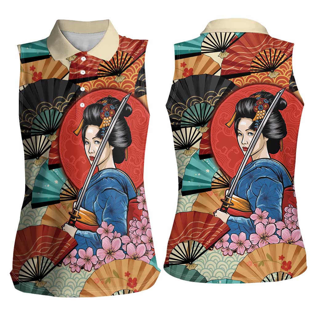 Japanese Geisha Katana Women Sleeveless Polo Shirt Japan Sensu Seigaiha Pattern - Wonder Print Shop
