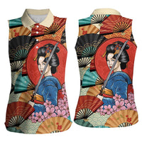 Japanese Geisha Katana Women Sleeveless Polo Shirt Japan Sensu Seigaiha Pattern - Wonder Print Shop
