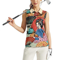 Japanese Geisha Katana Women Sleeveless Polo Shirt Japan Sensu Seigaiha Pattern - Wonder Print Shop